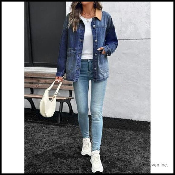 Oversized Color Block Denim Jacket Chic Boyfriend Fit Long Sleeve Button Down - Picture 7 of 8
